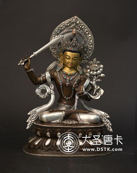 文殊菩薩紫銅鎏銀一尺