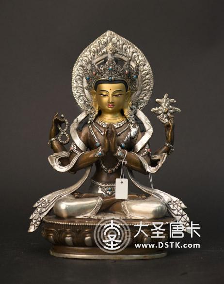 四臂觀音紫銅鎏銀一尺