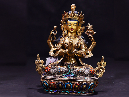 尼泊爾佛像四臂觀音掐絲23cm