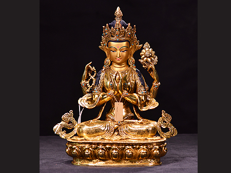 尼泊爾佛像四臂觀音鎏金34cm