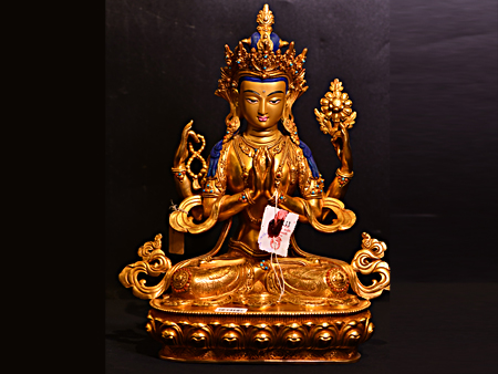 尼泊爾佛像四臂觀音鎏金34cm