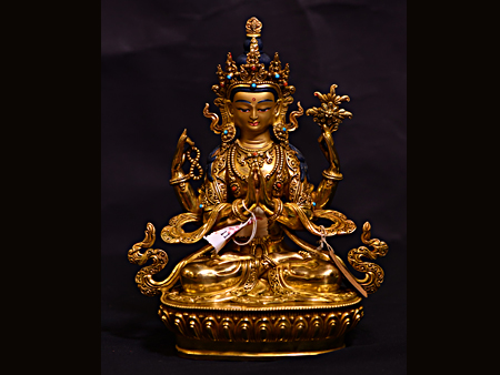 尼泊爾佛像四臂觀音鎏金21cm